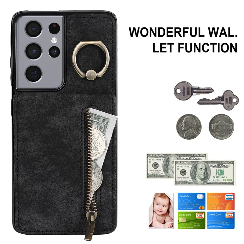Für Samsung Galaxy S21 Ultra 5G Hülle Ring Ständer RFID Blocking PU+TPU Handyhülle - Schwarz