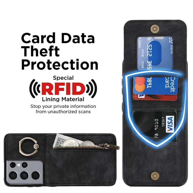 Für Samsung Galaxy S21 Ultra 5G Hülle Ring Ständer RFID Blocking PU+TPU Handyhülle - Schwarz