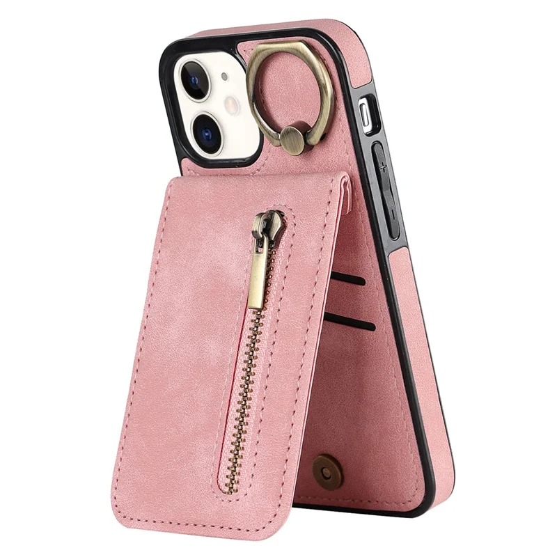 For iPhone 12 mini Cell Phone Case RFID Blocking PU+TPU Cover with Card Slots - Pink