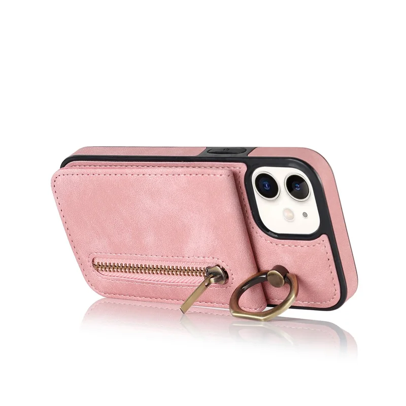 For iPhone 12 mini Cell Phone Case RFID Blocking PU+TPU Cover with Card Slots - Pink