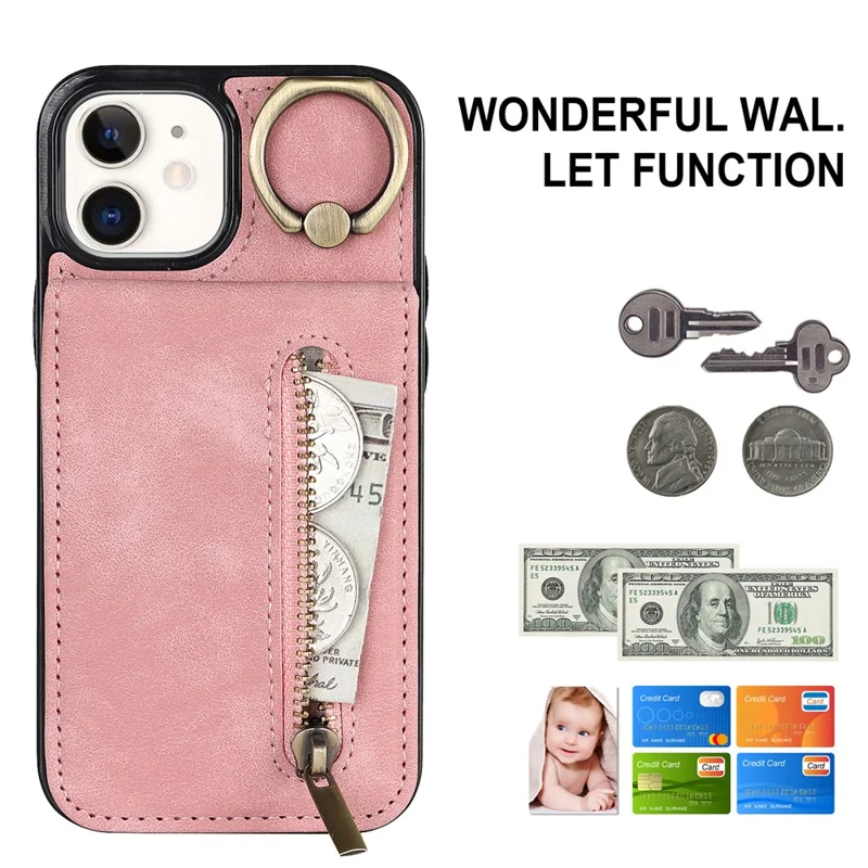 For iPhone 12 mini Cell Phone Case RFID Blocking PU+TPU Cover with Card Slots - Pink