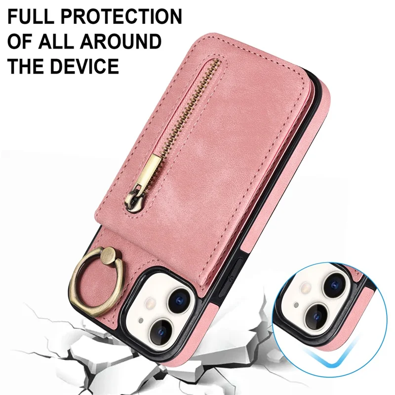 For iPhone 12 mini Cell Phone Case RFID Blocking PU+TPU Cover with Card Slots - Pink