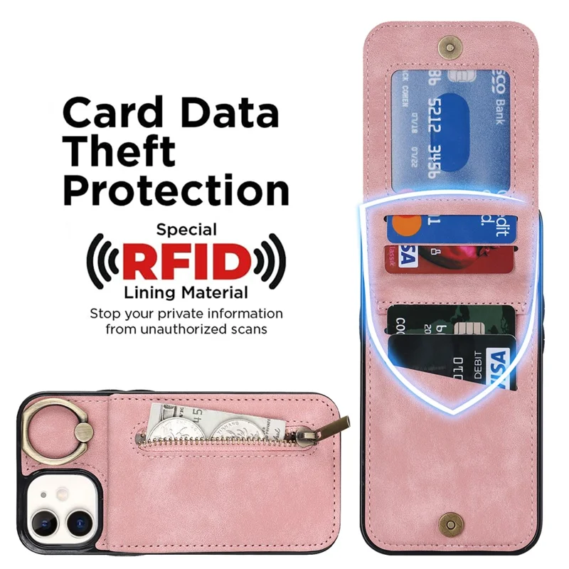 For iPhone 12 mini Cell Phone Case RFID Blocking PU+TPU Cover with Card Slots - Pink