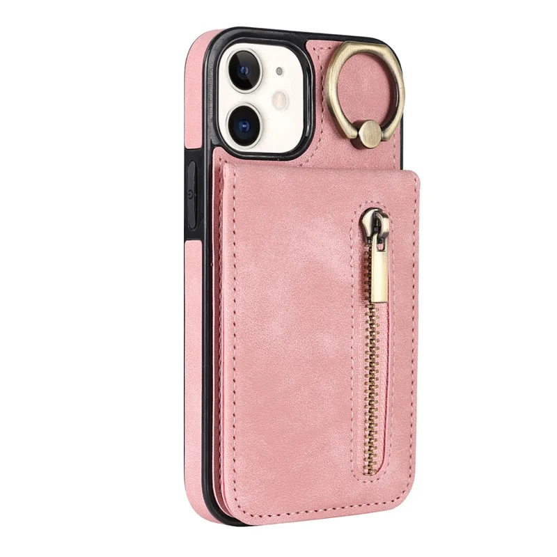 For iPhone 12 mini Cell Phone Case RFID Blocking PU+TPU Cover with Card Slots - Pink