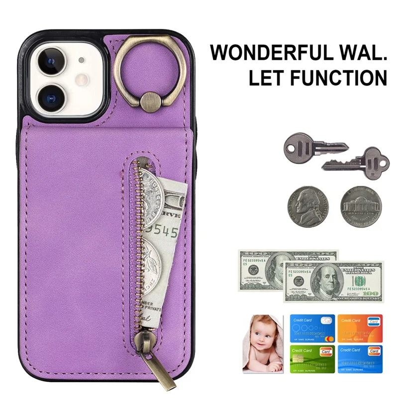 Etui na iPhone 12 mini z blokadą RFID, pokrowiec PU+TPU z kieszonkami na karty - fioletowy