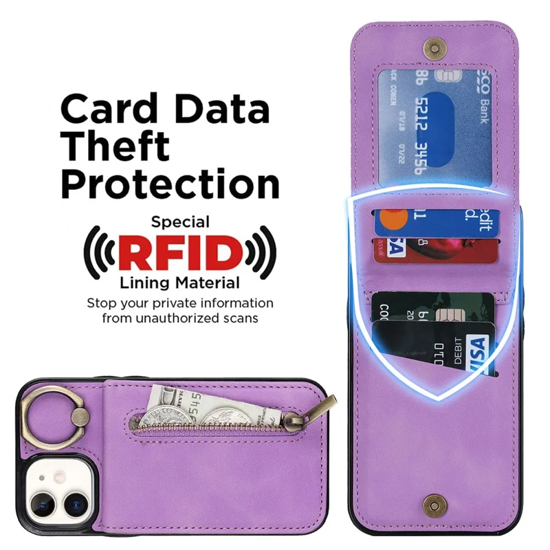 Etui na iPhone 12 mini z blokadą RFID, pokrowiec PU+TPU z kieszonkami na karty - fioletowy