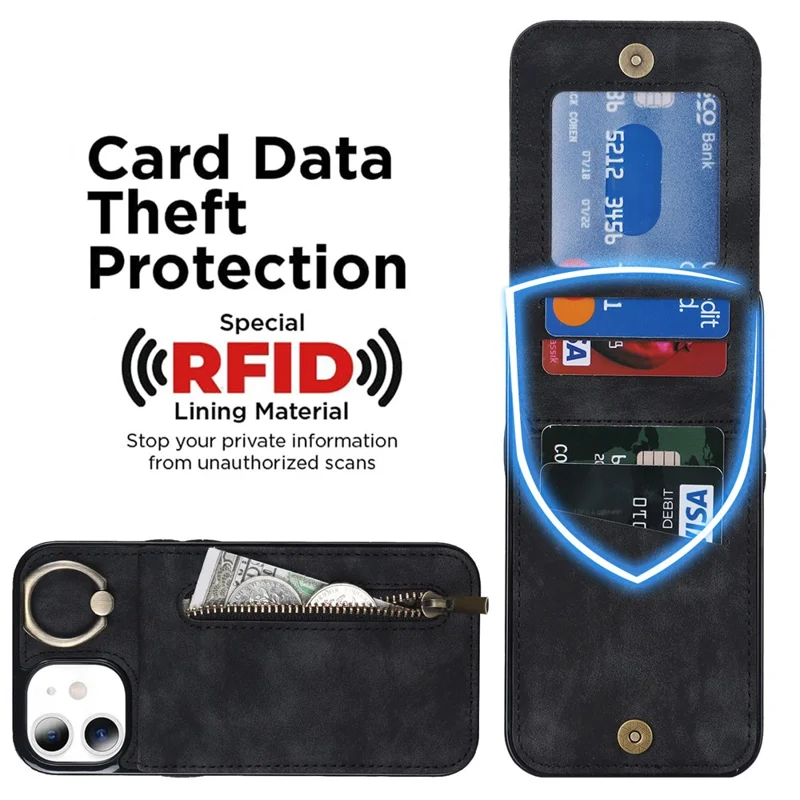 Per iPhone 11 Custodia per cellulare Slot per schede RFID Blocking Retro PU+TPU Cover - Nero