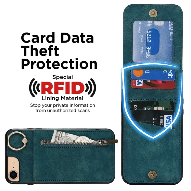Für iPhone SE (2022) / SE (2020) / 7 / 8 Smartphone-Hülle mit RFID-Blocker, Retro-PU+TPU-Abdeckung - Blau