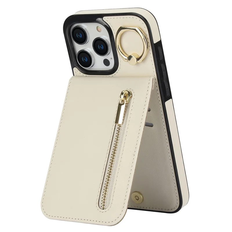 For iPhone 13 Pro Cell Phone Case Ring Kickstand RFID Blocking PU+TPU Cover - Beige