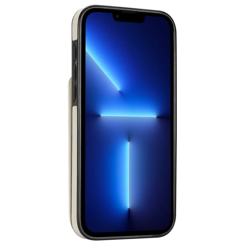 For iPhone 13 Pro Cell Phone Case Ring Kickstand RFID Blocking PU+TPU Cover - Beige