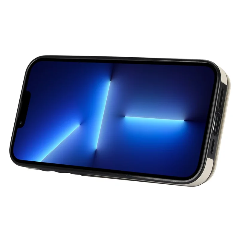 For iPhone 13 Pro Cell Phone Case Ring Kickstand RFID Blocking PU+TPU Cover - Beige