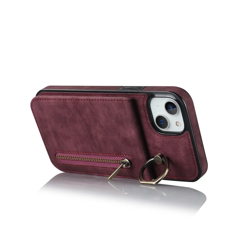 PU+TPU Cover for iPhone 13 mini , Ring Kickstand RFID Blocking Cell Phone Case - Wine Red