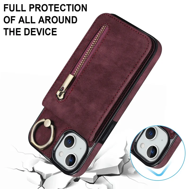 PU+TPU Cover for iPhone 13 mini , Ring Kickstand RFID Blocking Cell Phone Case - Wine Red