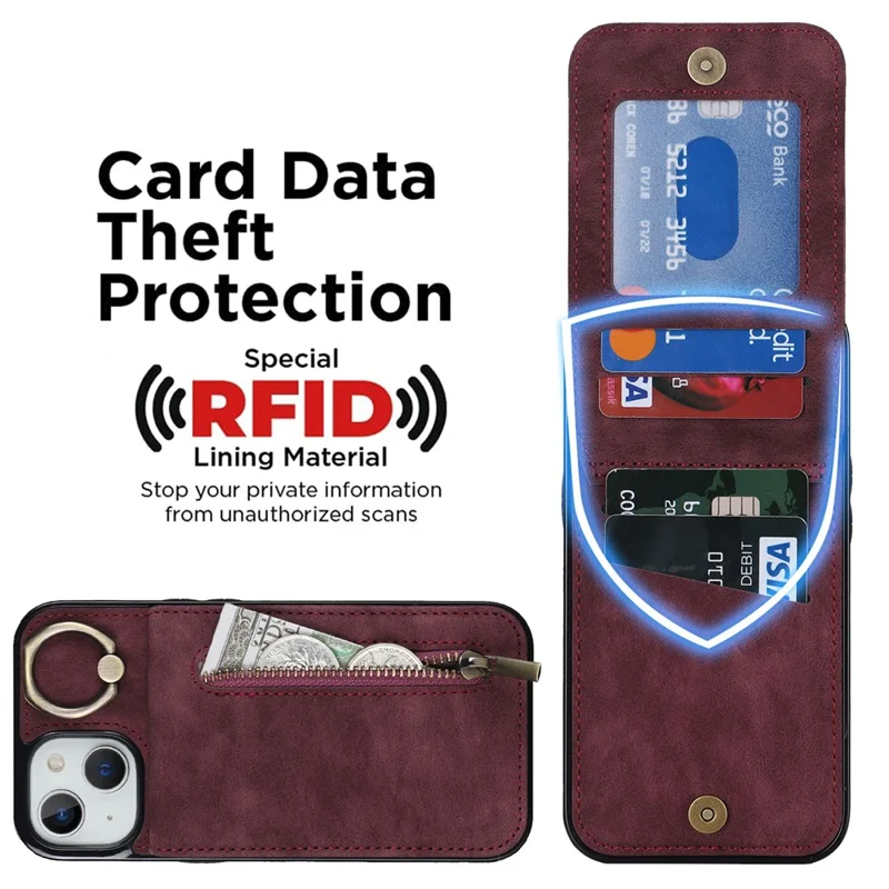 PU+TPU Cover for iPhone 13 mini , Ring Kickstand RFID Blocking Cell Phone Case - Wine Red