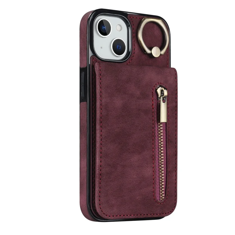 PU+TPU Cover for iPhone 13 mini , Ring Kickstand RFID Blocking Cell Phone Case - Wine Red