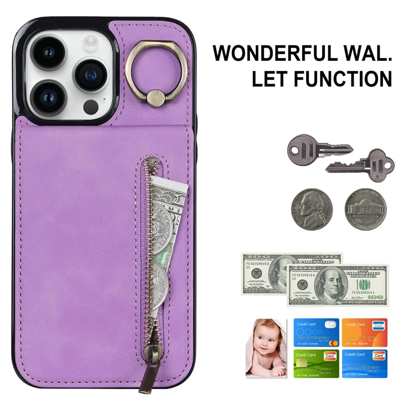 Retro Cover for iPhone 12 Pro Max , Ring Kickstand RFID Blocking PU+TPU Cell Phone Case - Purple