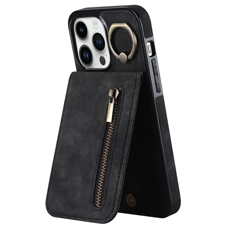 Retro Cover for iPhone 12 Pro Max , Ring Kickstand RFID Blocking PU+TPU Cell Phone Case - Black