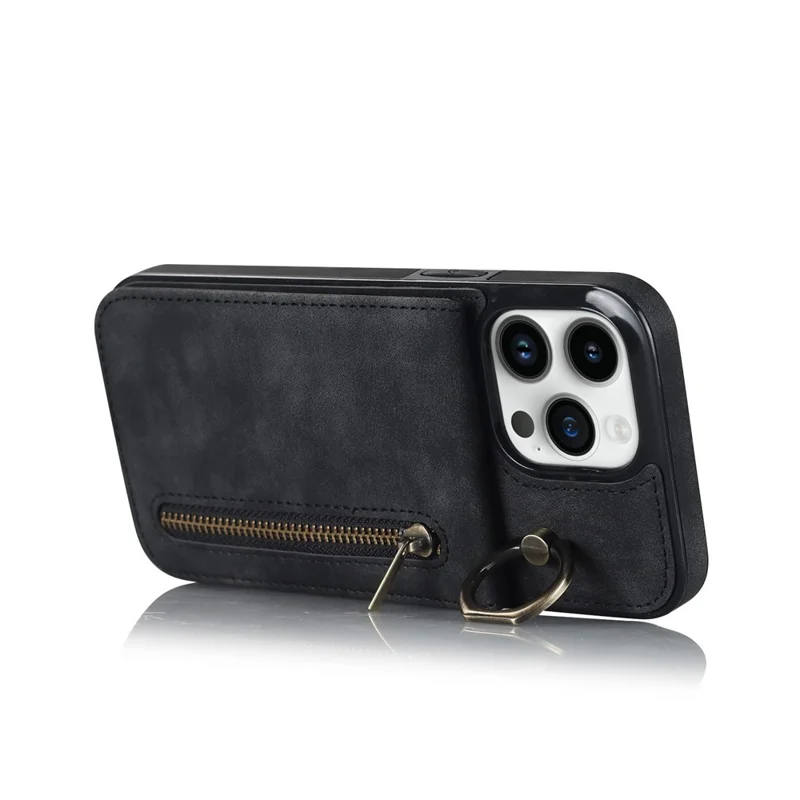 Retro Cover for iPhone 12 Pro Max , Ring Kickstand RFID Blocking PU+TPU Cell Phone Case - Black