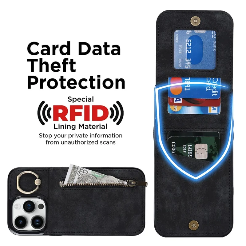 Retro Cover for iPhone 12 Pro Max , Ring Kickstand RFID Blocking PU+TPU Cell Phone Case - Black