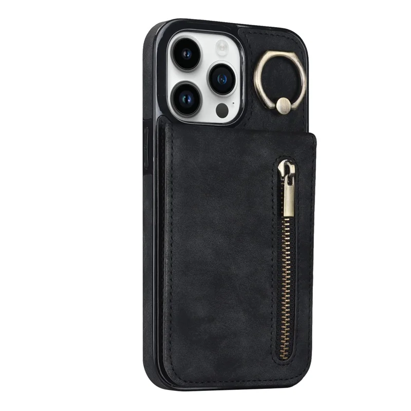 Retro Cover for iPhone 12 Pro Max , Ring Kickstand RFID Blocking PU+TPU Cell Phone Case - Black