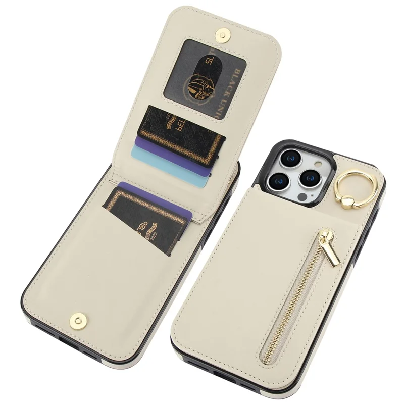 Retro Cover for iPhone 12 Pro Max , Ring Kickstand RFID Blocking PU+TPU Cell Phone Case - Beige