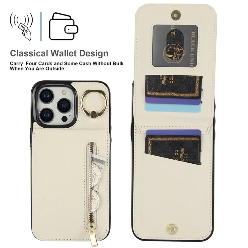 Retro Cover for iPhone 12 Pro Max , Ring Kickstand RFID Blocking PU+TPU Cell Phone Case - Beige