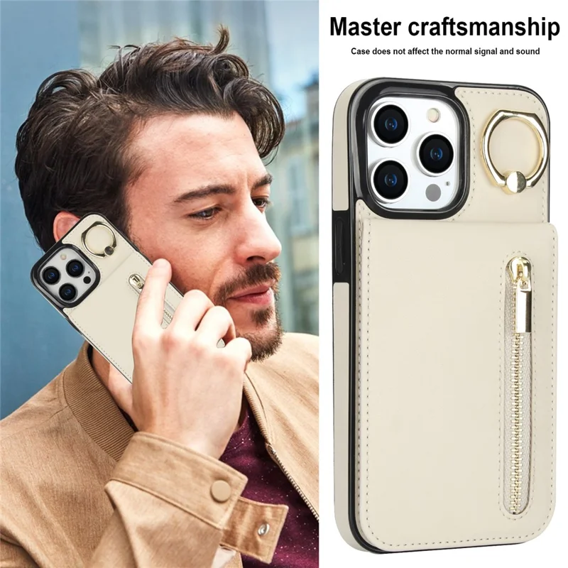 Retro Cover for iPhone 12 Pro Max , Ring Kickstand RFID Blocking PU+TPU Cell Phone Case - Beige