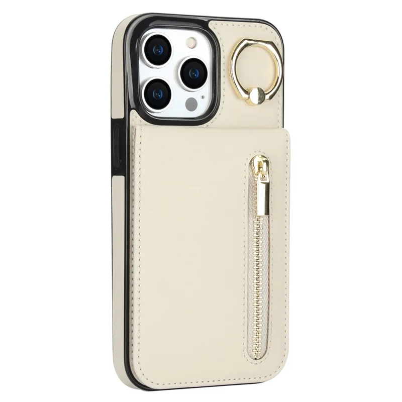 Retro Cover for iPhone 13 Pro Max , Ring Kickstand PU+TPU Anti-fall Cell Phone Case - Beige