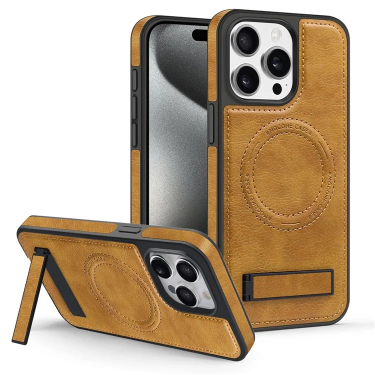 For iPhone 15 Pro Max Case Compatible with MagSafe Kickstand Leather Phone Back Cover - Brown