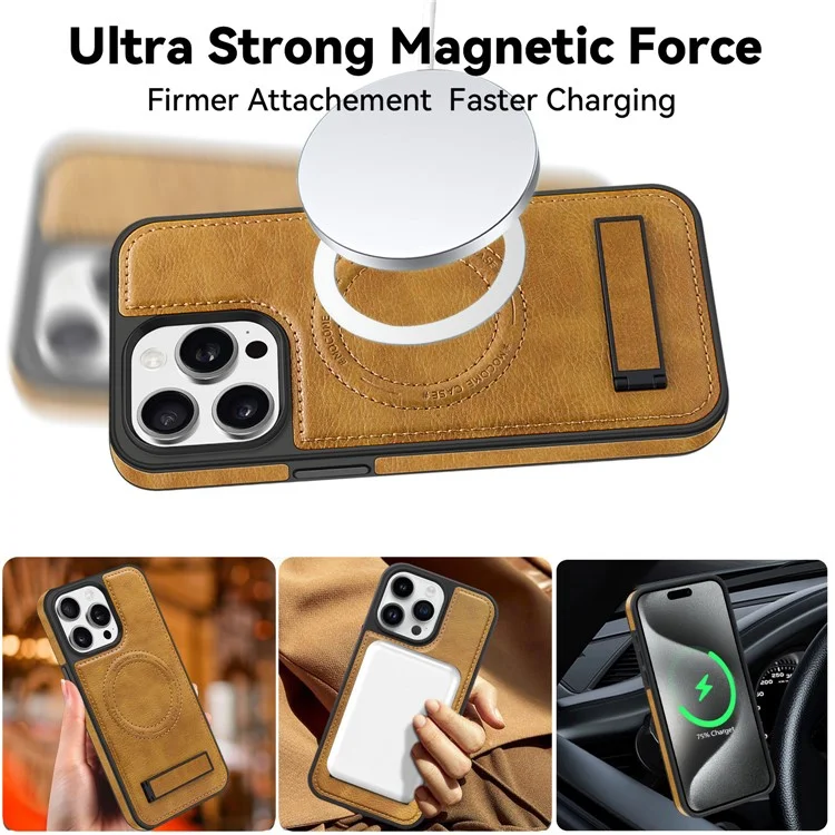 For iPhone 15 Pro Max Case Compatible with MagSafe Kickstand Leather Phone Back Cover - Brown