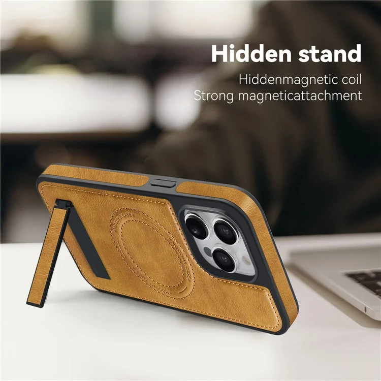 For iPhone 15 Pro Max Case Compatible with MagSafe Kickstand Leather Phone Back Cover - Brown