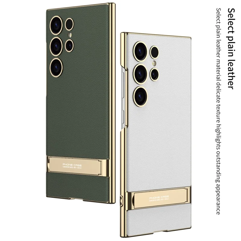 GKK For Samsung Galaxy S24 Ultra Phone Case Kickstand Electroplating Leather Back Cover - Black