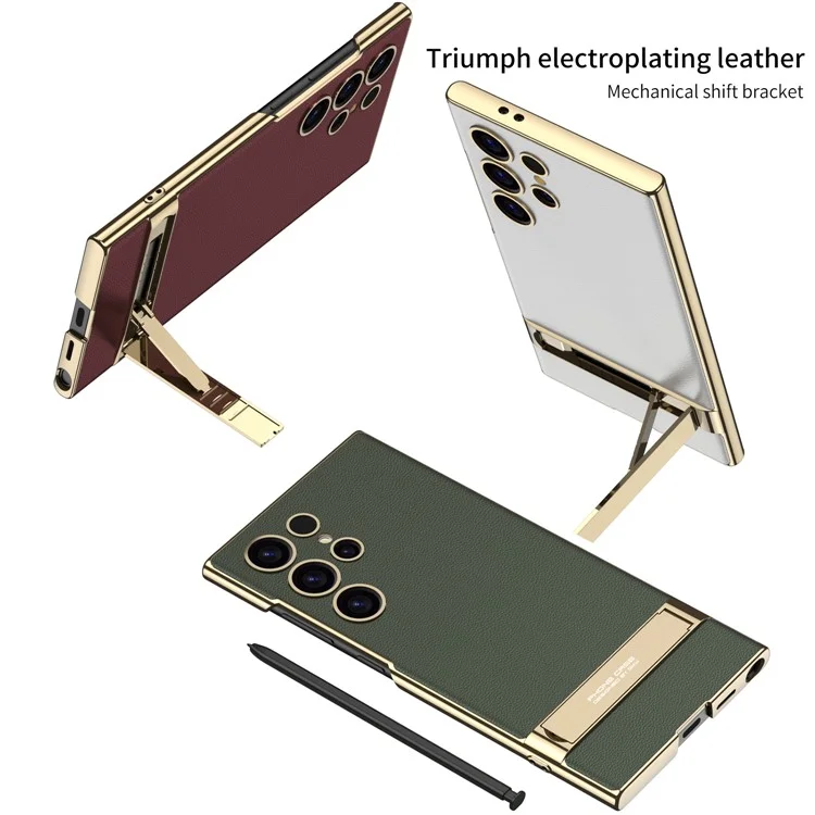 GKK Para Samsung Galaxy S24 Ultra Telephip Case Kickstand Electroplating Leather Back Cover - Verde