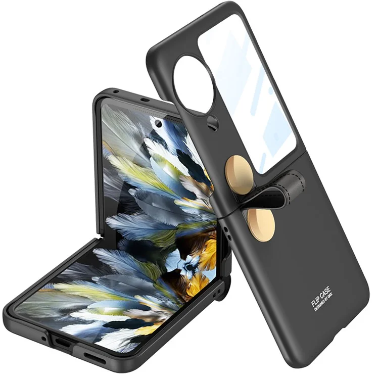 GKK para Oppo Find N3 Flip 5G Funda Rotativa Correa de Cuero Funda de Teléfono con Película de Pantalla Trasera - Negro