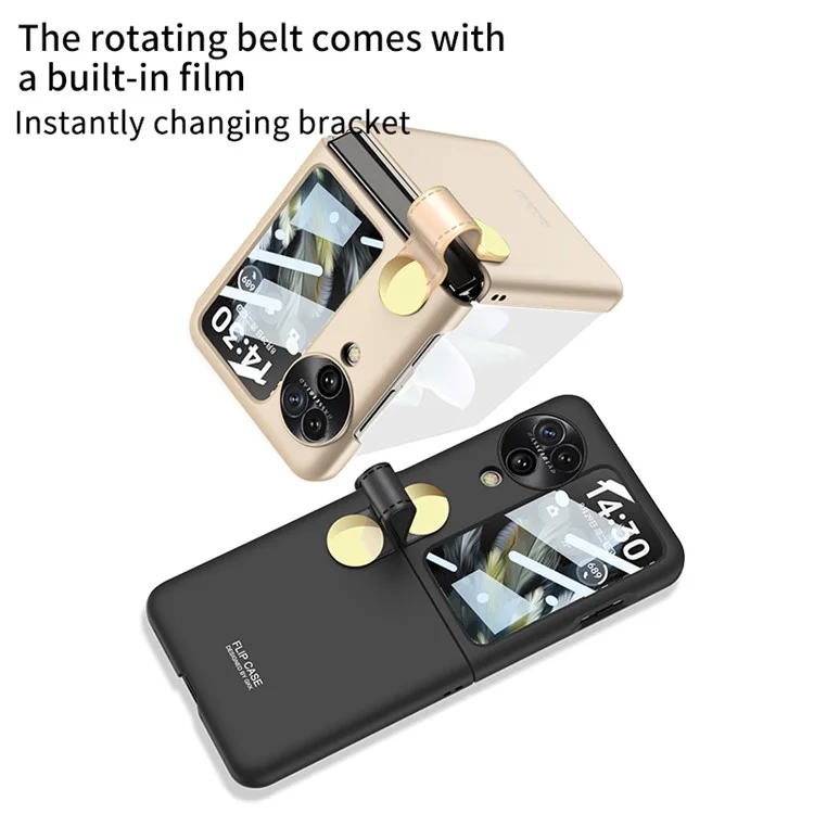 GKK para Oppo Find N3 Flip 5G Funda Rotativa Correa de Cuero Funda de Teléfono con Película de Pantalla Trasera - Negro