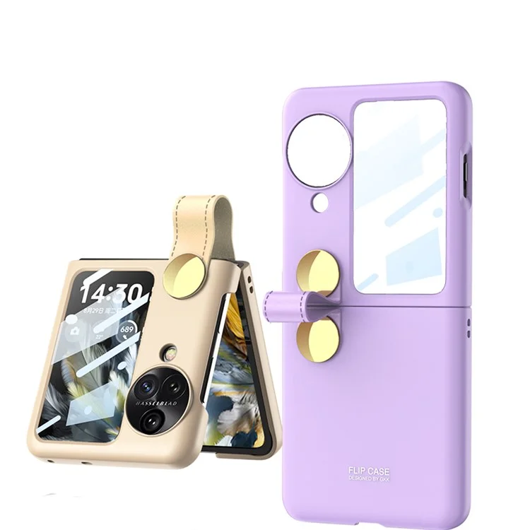 GKK para Oppo Find N3 Flip 5G Funda Rotativa Correa de Cuero Funda de Teléfono con Película de Pantalla Trasera - Negro