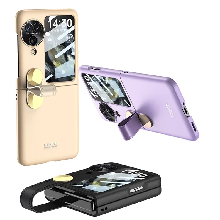 GKK para Oppo Find N3 Flip 5G Funda Rotativa Correa de Cuero Funda de Teléfono con Película de Pantalla Trasera - Negro