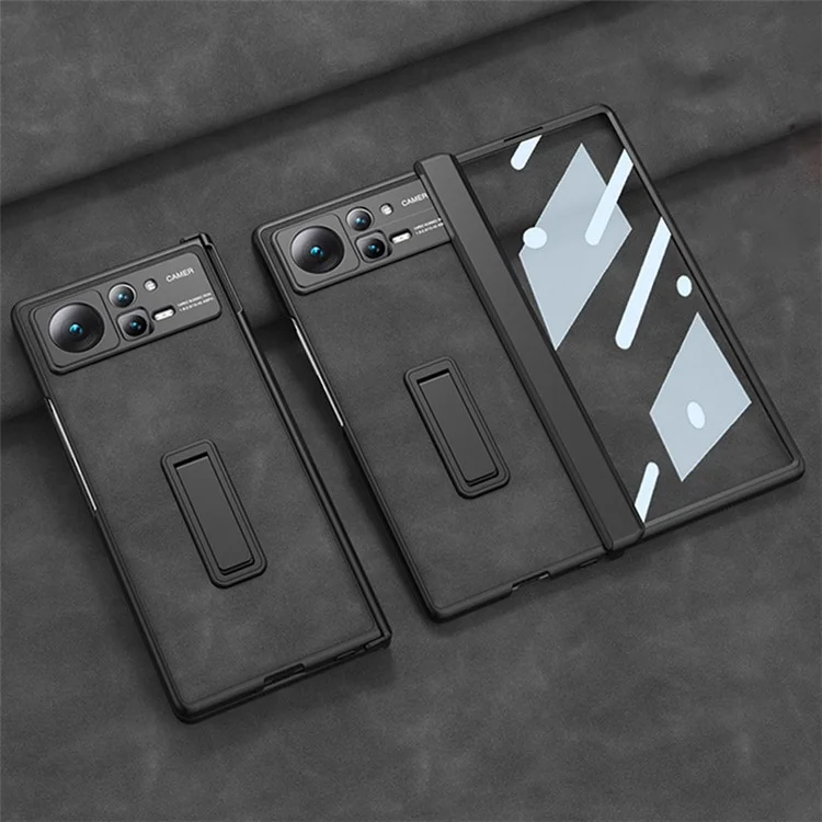 GKK For Xiaomi Mix Fold 2 5G Matte Leather Case Kickstand Phone Cover with Tempered Glass Film - Black