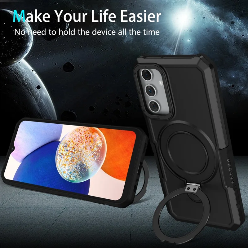For Samsung Galaxy A15 4G / A15 5G Cell Phone Case Hybrid TPU+PC Ring Holder Kickstand Cover - Black