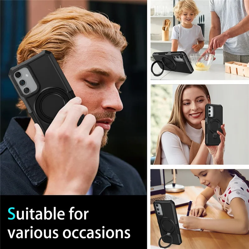 For Samsung Galaxy A15 4G / A15 5G Cell Phone Case Hybrid TPU+PC Ring Holder Kickstand Cover - Black