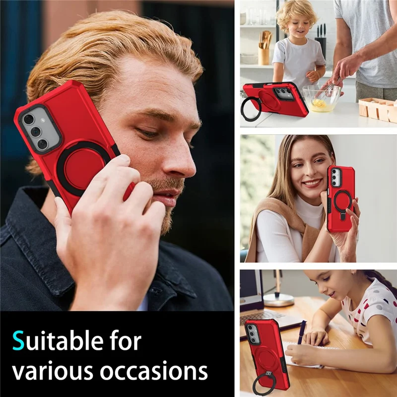 For Samsung Galaxy A15 4G / A15 5G Cell Phone Case Hybrid TPU+PC Ring Holder Kickstand Cover - Red