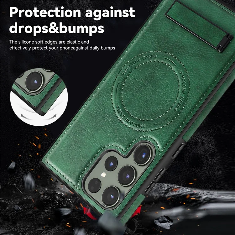 Para Samsung Galaxy S23 Ultra Magnetic Phone Case Kickstand Leather+TPU + PC Cover - Marrom