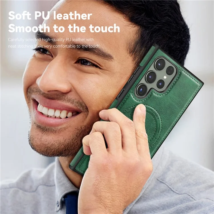 Para Samsung Galaxy S23 Ultra Magnetic Phone Case Kickstand Leather+TPU + PC Cover - Marrom