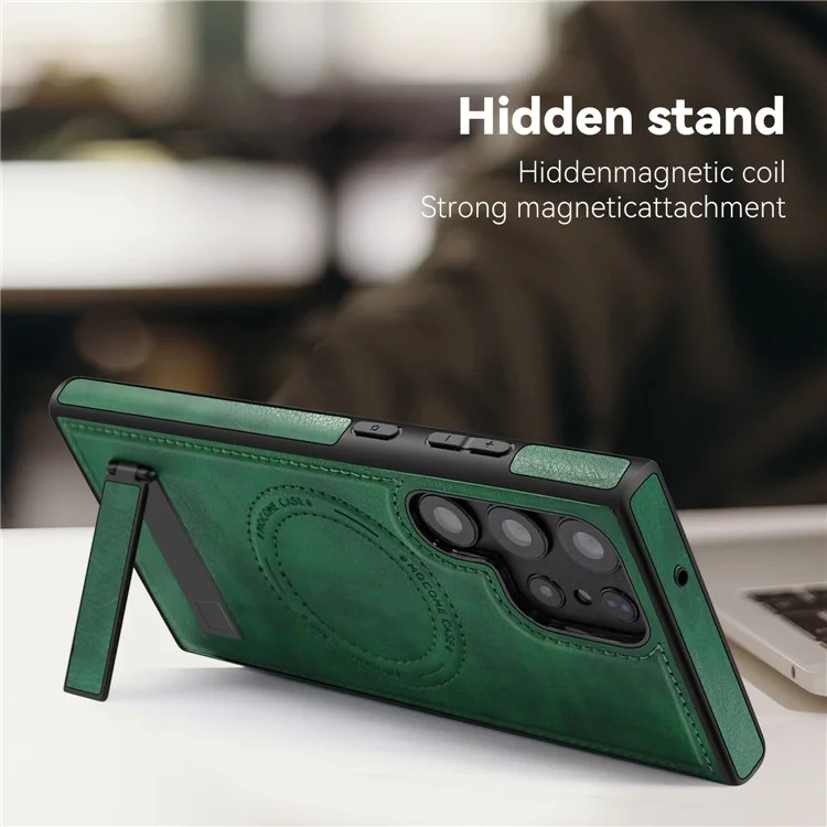 Para Samsung Galaxy S23 Ultra Magnetic Phone Case Kickstand Leather+TPU + PC Cover - Marrom