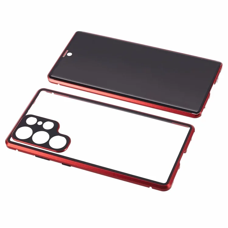 Pour Samsung Galaxy S23 Ultra Anti Peeping Case Tempered Glass Magnetic Adsorption Metal Frame Phone Cover - Rouge