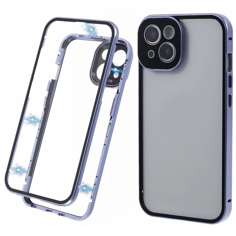 Magnetic Case for iPhone 15 Double-Sided Clear Tempered Glass Phone Cover - Blue