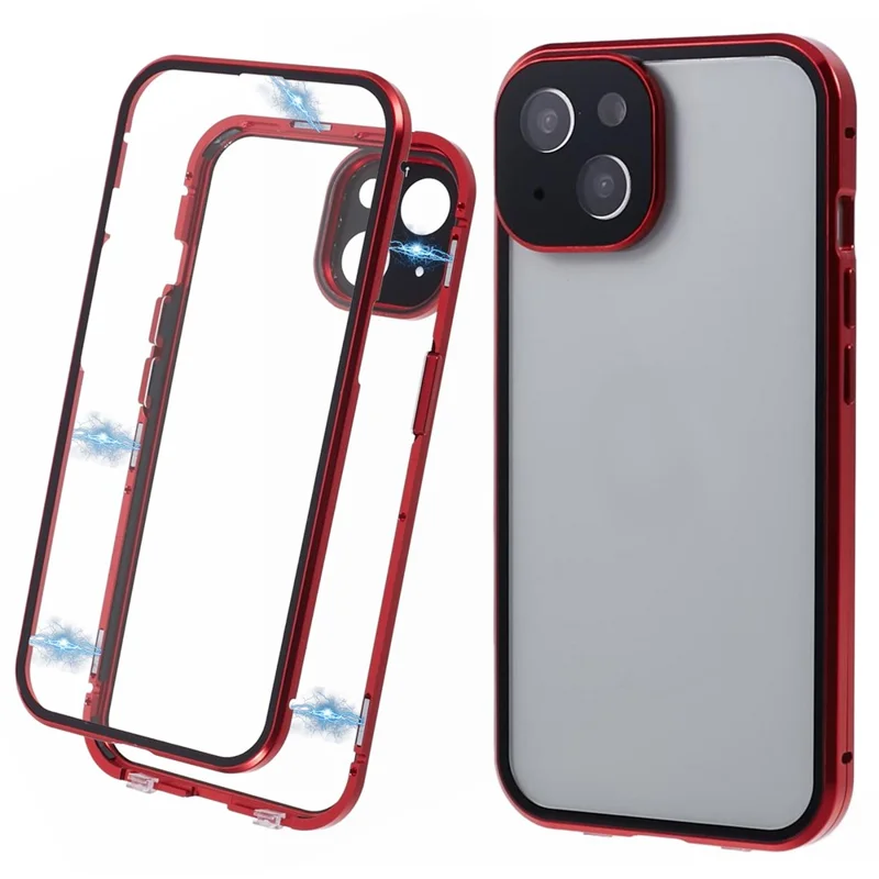 For iPhone 15 Plus Phone Case 360-Degree Double-Sided Protection Tempered Glass with Safety Lock - Red