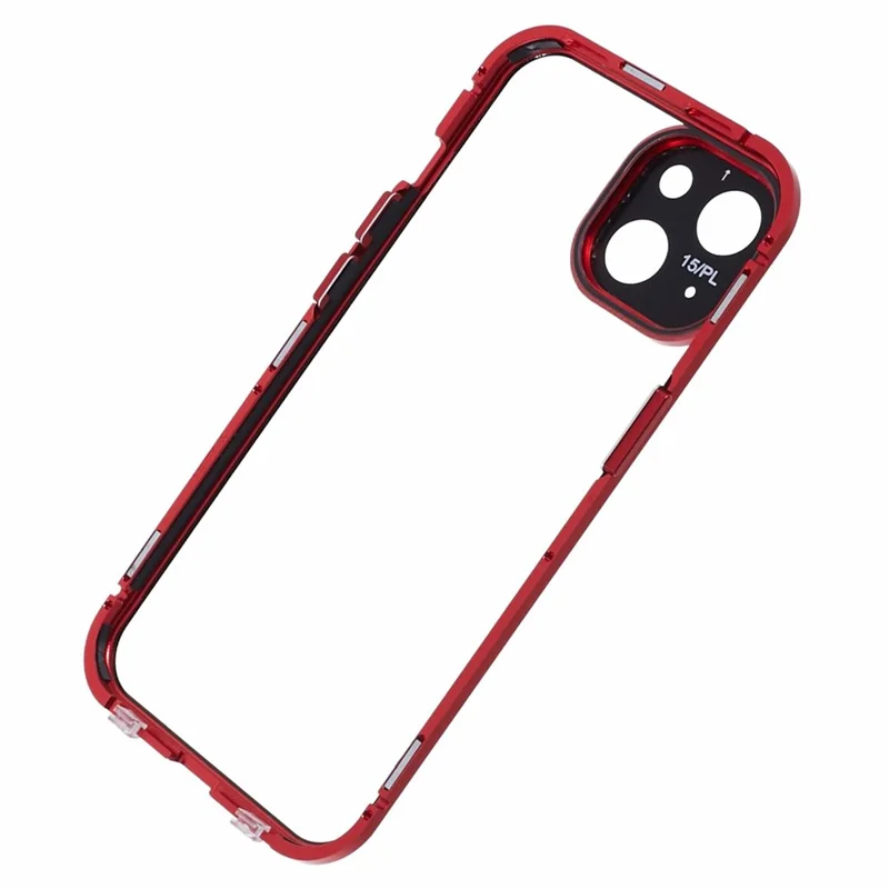 For iPhone 15 Plus Phone Case 360-Degree Double-Sided Protection Tempered Glass with Safety Lock - Red