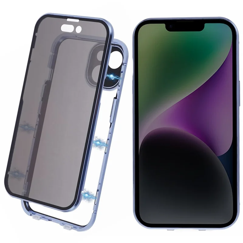 Anti-Peeping Case For iPhone 14 Magnetic Adsorption Frame+Tempered Glass Phone Cover - Blue