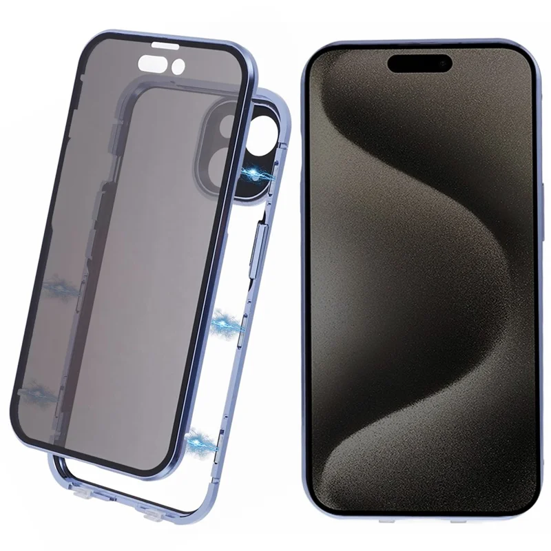 For iPhone 15 Plus Phone Case Anti-Peeping Double-Sided Tempered Glass Cover Magnetic Adsorption - Blue